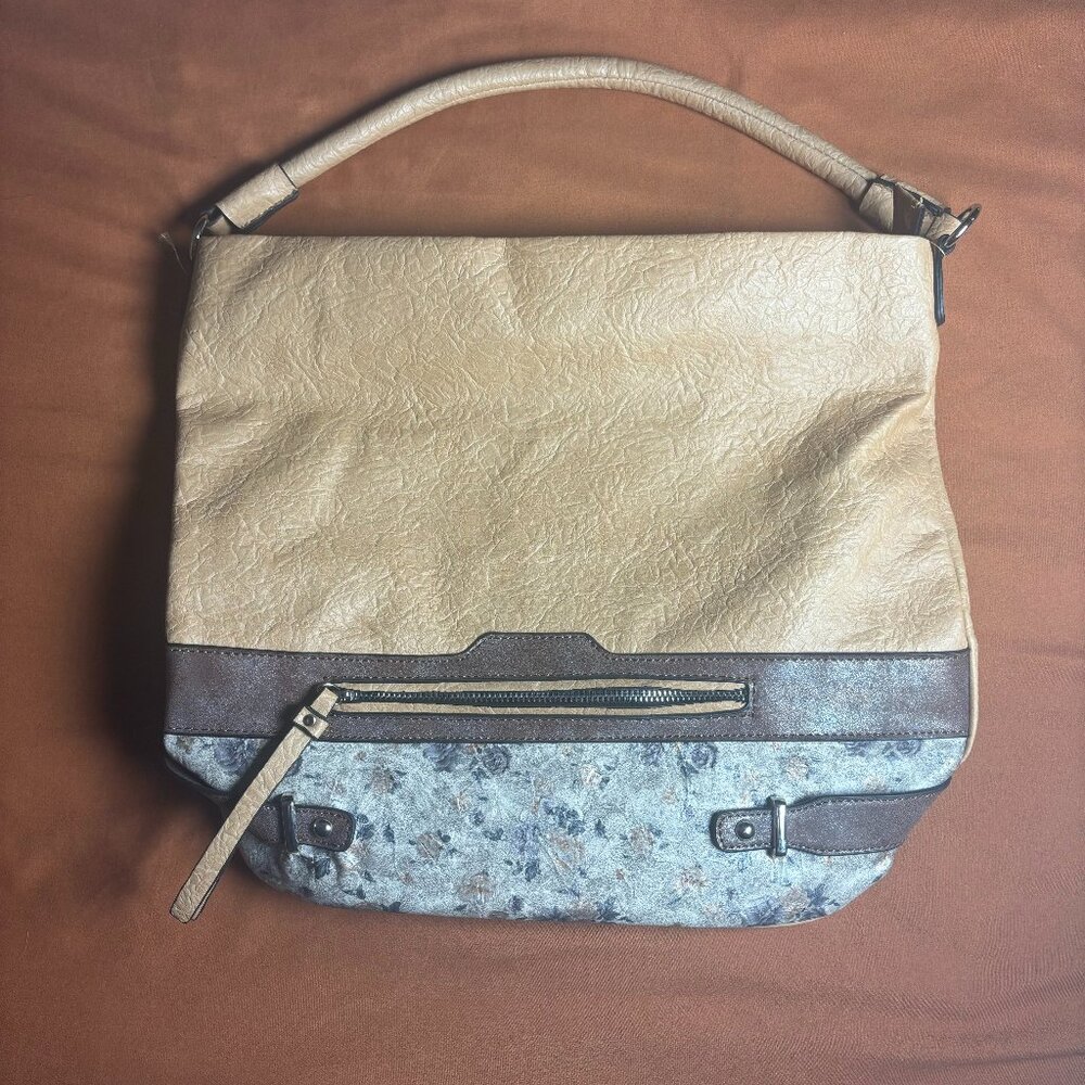 Neutral Tan Brown Blue Floral Tote Bag with Pockets and Zip Close 14x15in